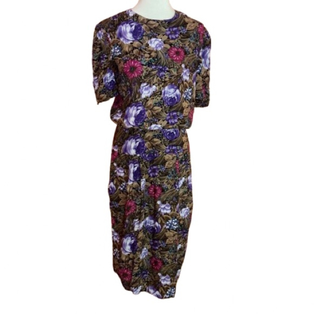 Vintage 80s bright floral midi dress